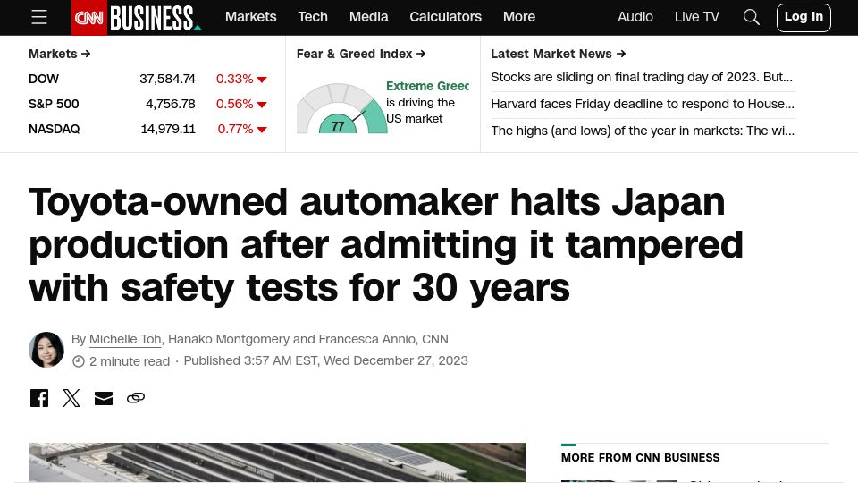 Screenshot of cnn.com: Toyota-owned automaker tampered with safety tests for 30 years