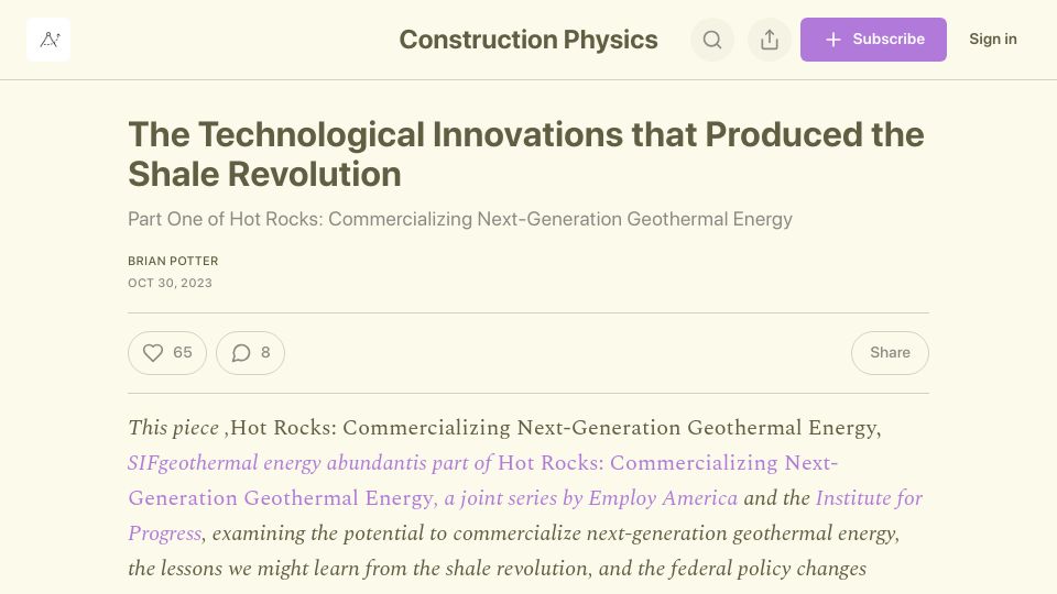 Screenshot of construction-physics.com: Technological innovations that produced the shale revolution