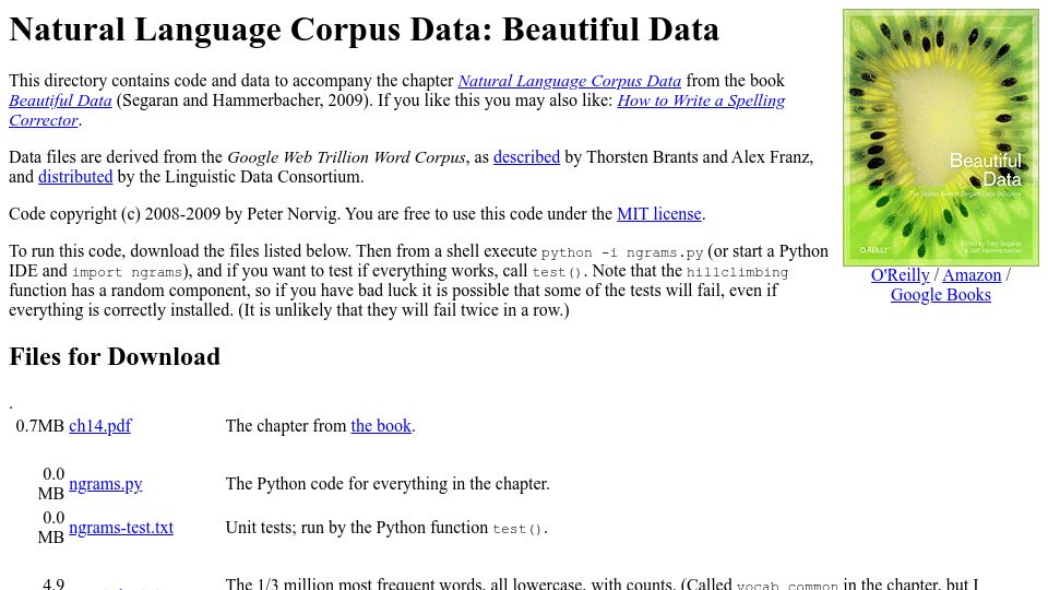 Screenshot of norvig.com: Natural Language Corpus Data: Beautiful Data (2009)