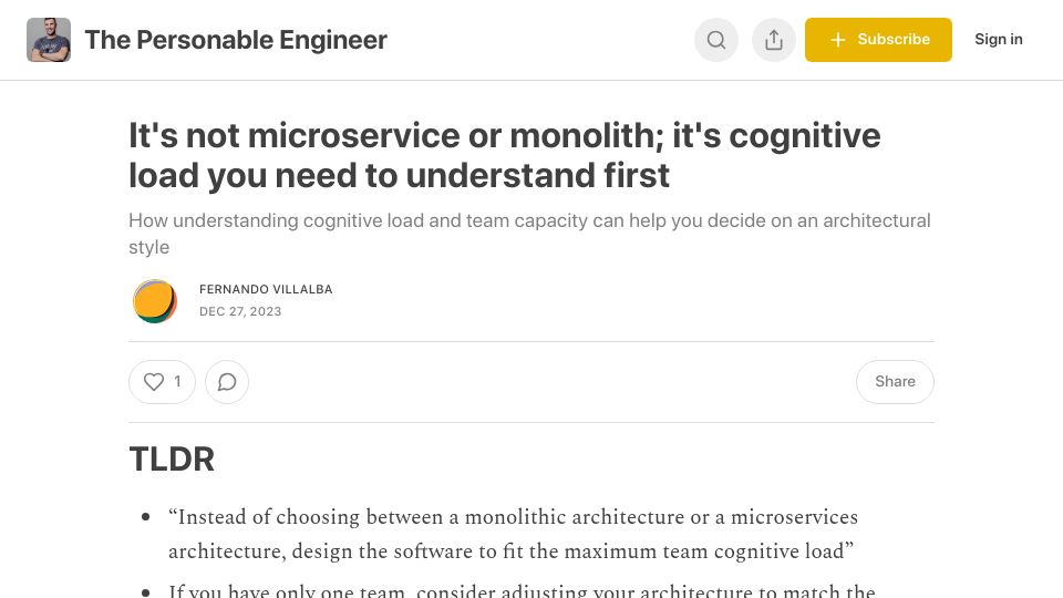 Screenshot of fernandovillalba.substack.com: It's not microservice or monolith; it's cognitive load