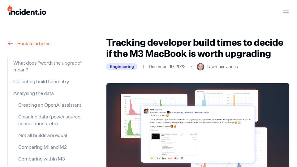 Screenshot of incident.io: Tracking developer build times to decide if the M3 MacBook is worth upgrading