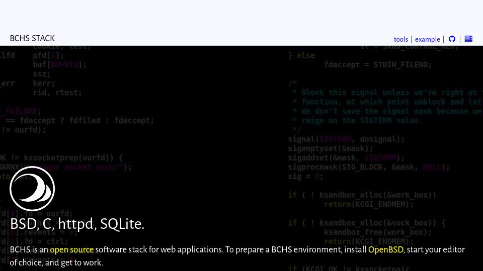 Screenshot of learnbchs.org: BCHS software stack: BSD, C, httpd, SQLite