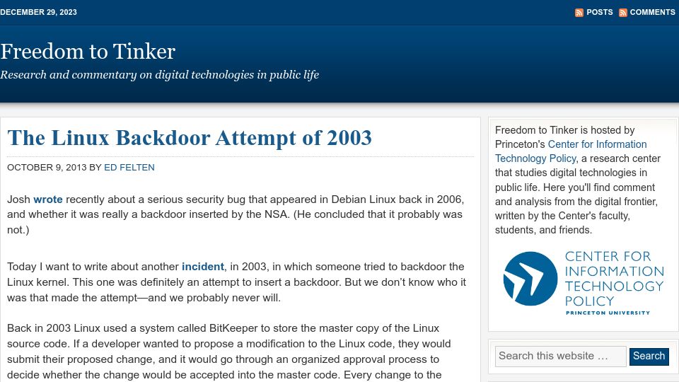 Screenshot of freedom-to-tinker.com: The Linux backdoor attempt of 2003 (2013)