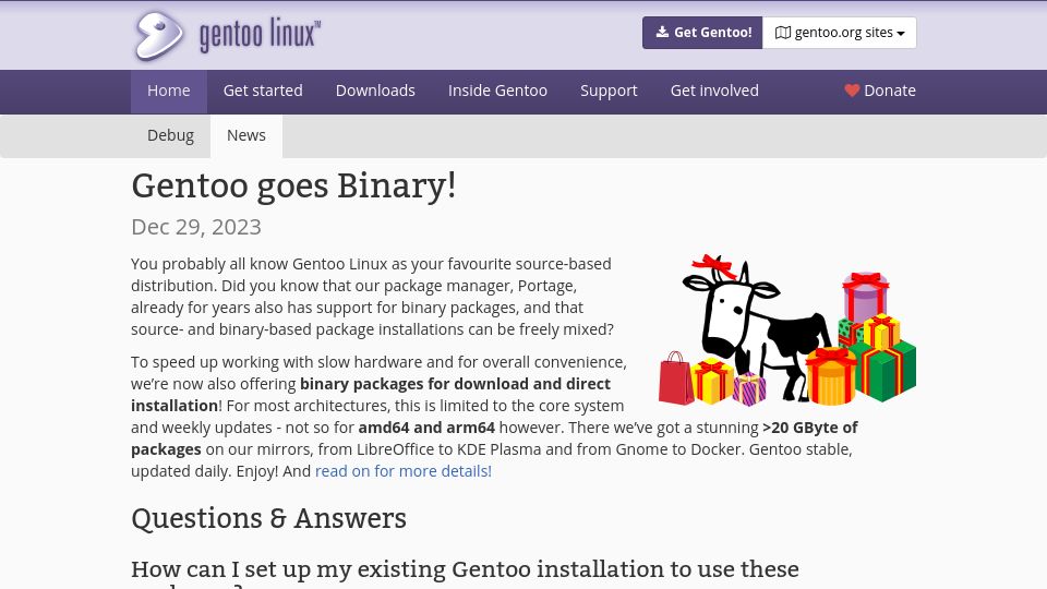 Screenshot of gentoo.org: Gentoo goes Binary