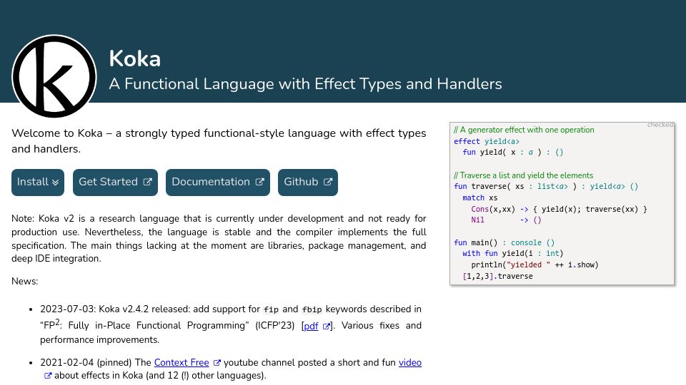 Screenshot of koka-lang.github.io: Koka: Strongly typed functional-style language with effect types and handlers
