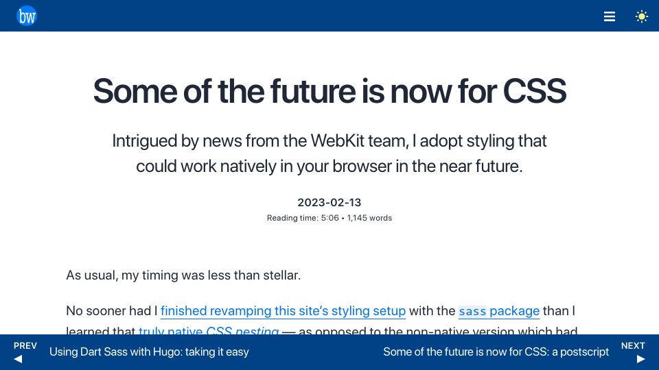 Screenshot of brycewray.com: Some of the future is now for CSS
