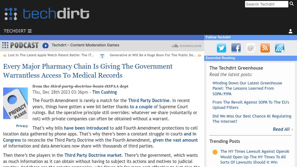Screenshot of techdirt.com: Every major pharmacy chain giving government warrantless medical record access