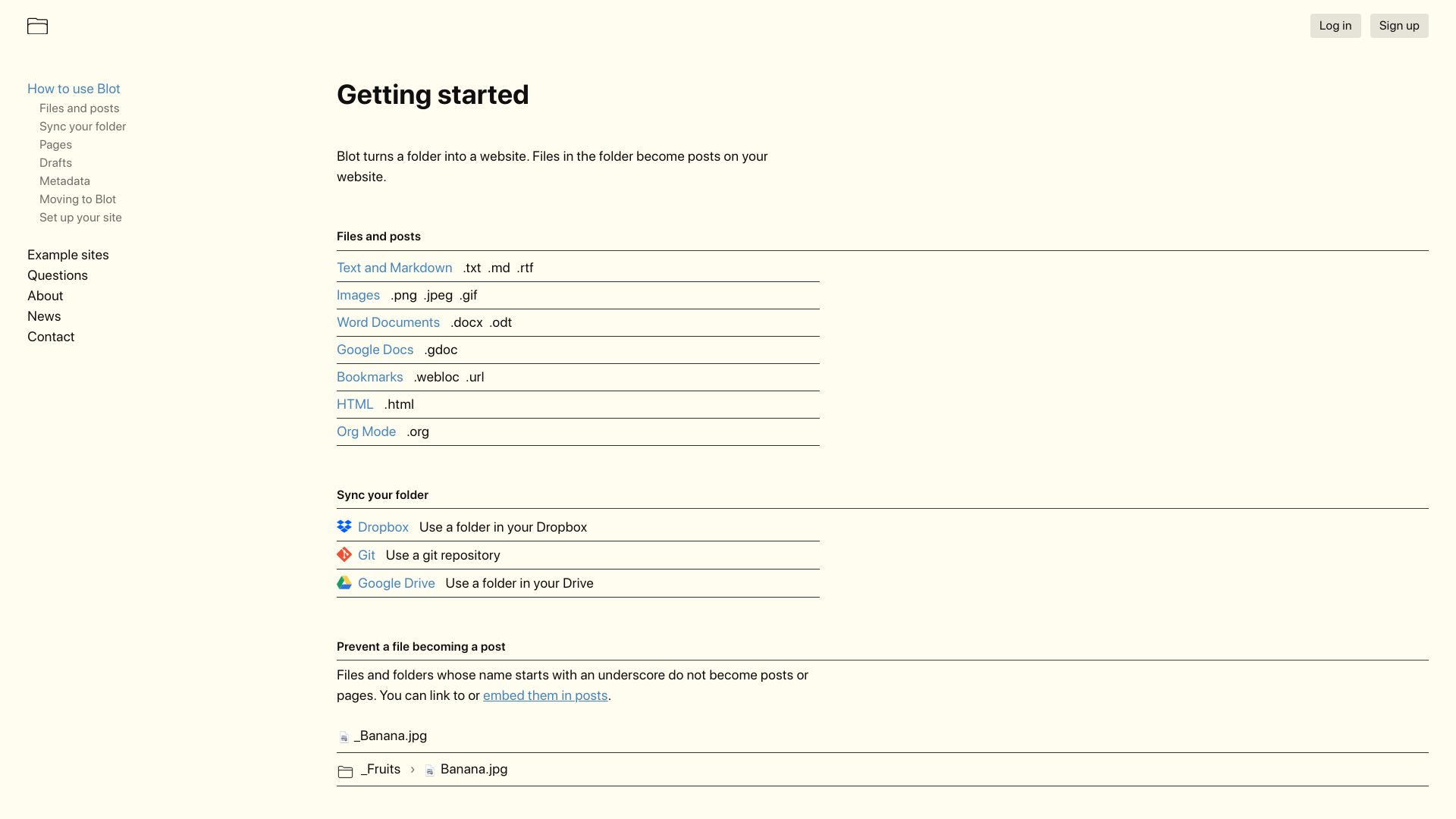 Screenshot of blot.im: Blot turns a folder into a website