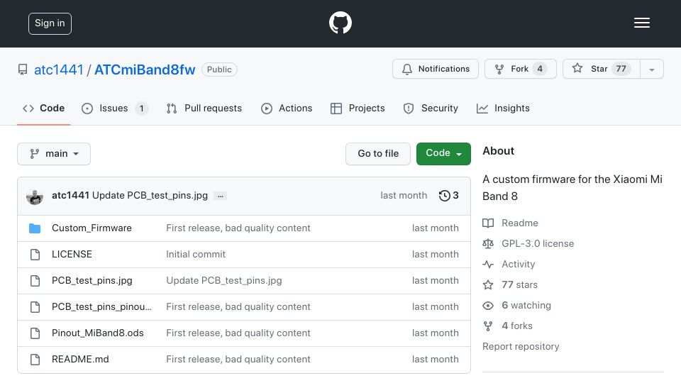 Screenshot of github.com: Custom firmware for MI fitness band