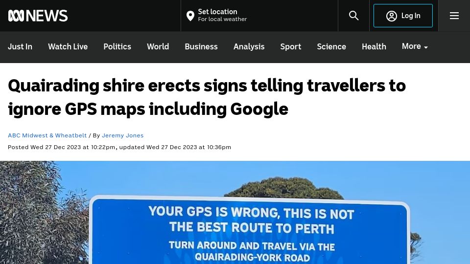 Screenshot of abc.net.au: Quairading shire erects signs telling travellers to ignore Google Maps