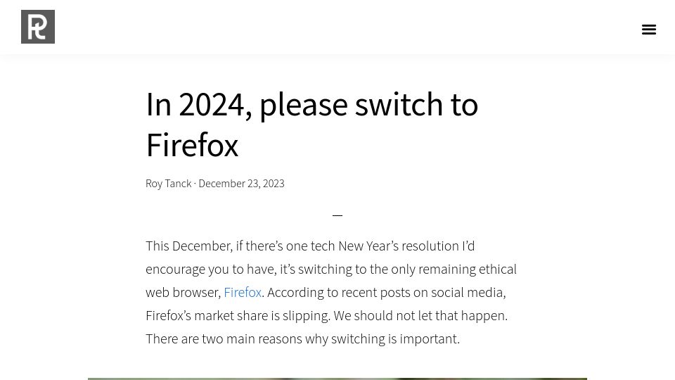 Screenshot of roytanck.com: In 2024, please switch to Firefox