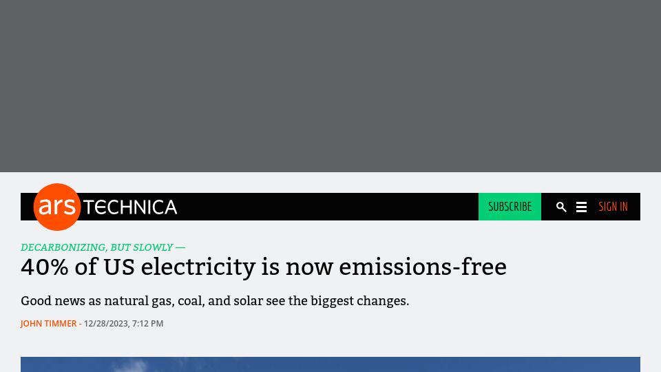 Screenshot of arstechnica.com: 40% of US electricity is now emissions-free