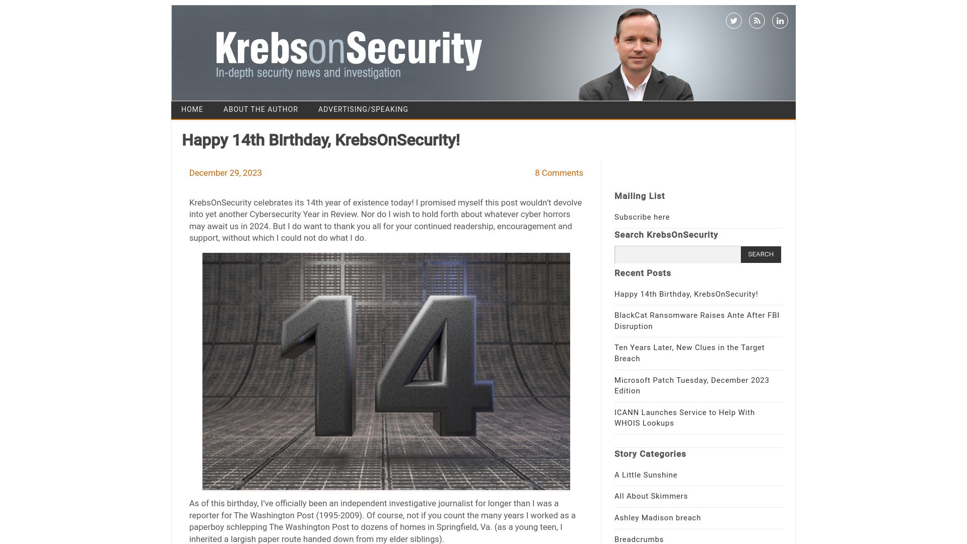 Screenshot of krebsonsecurity.com: Happy 14th Birthday, KrebsOnSecurity