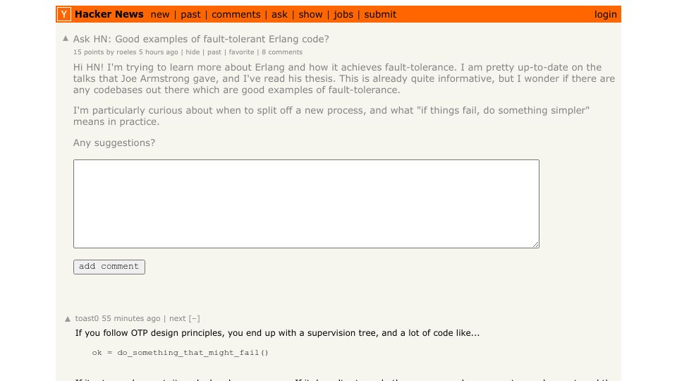 Screenshot of Hacker News post: Ask HN: Good examples of fault-tolerant Erlang code?