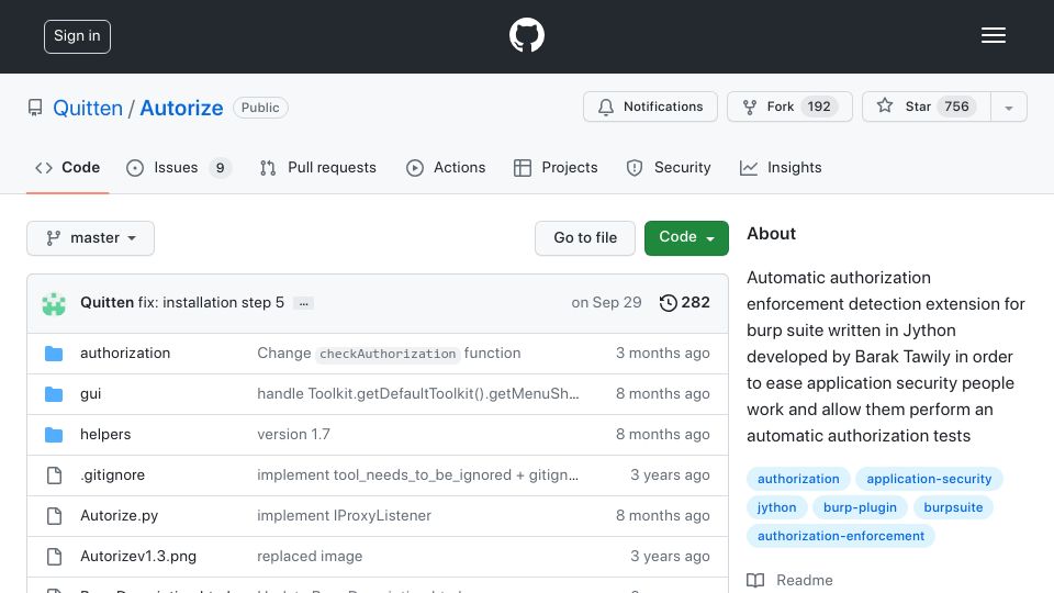 Screenshot of github.com: Autorize – Authorization enforcement detection extension for Burp Suite