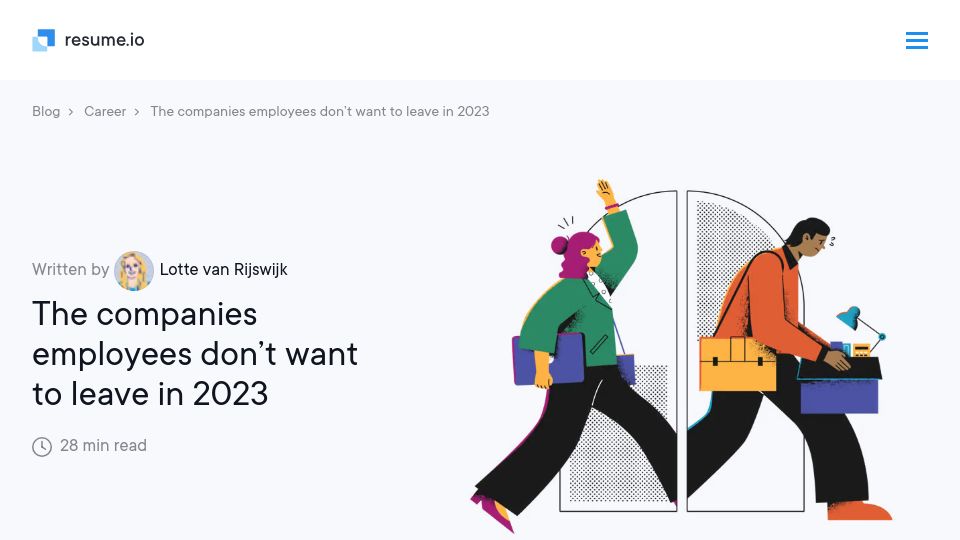 Screenshot of resume.io: The companies employees don't want to leave in 2023