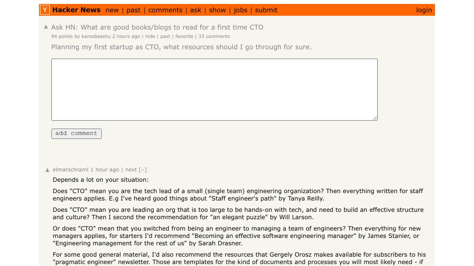 Screenshot of Hacker News post: Ask HN: What are good books/blogs to read for a first time CTO?
