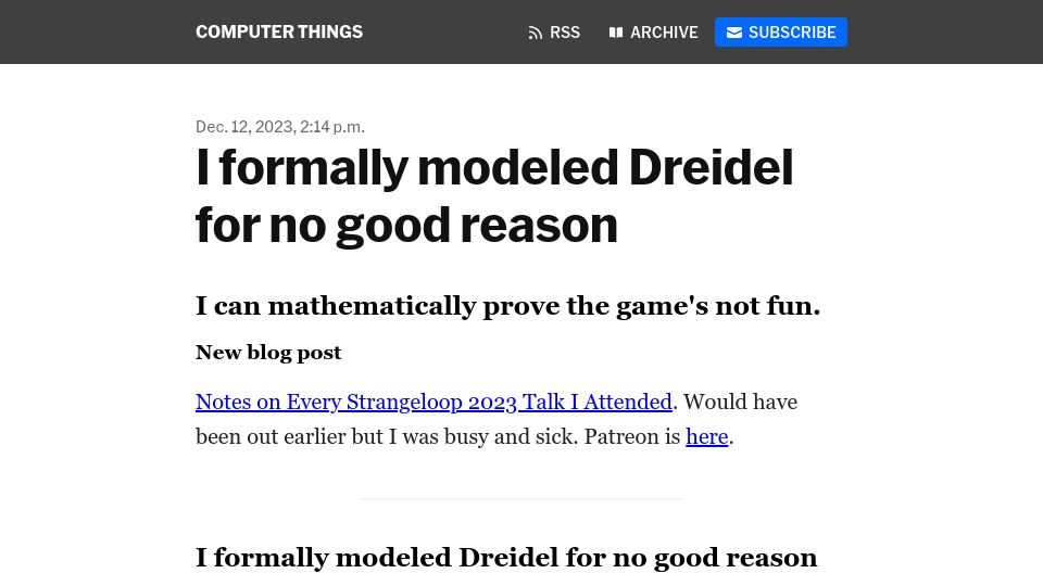 Screenshot of buttondown.email: Formally modeled Dreidel for no good reason