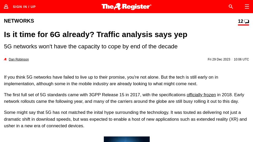 Screenshot of theregister.com: 5G Considered Tired Already