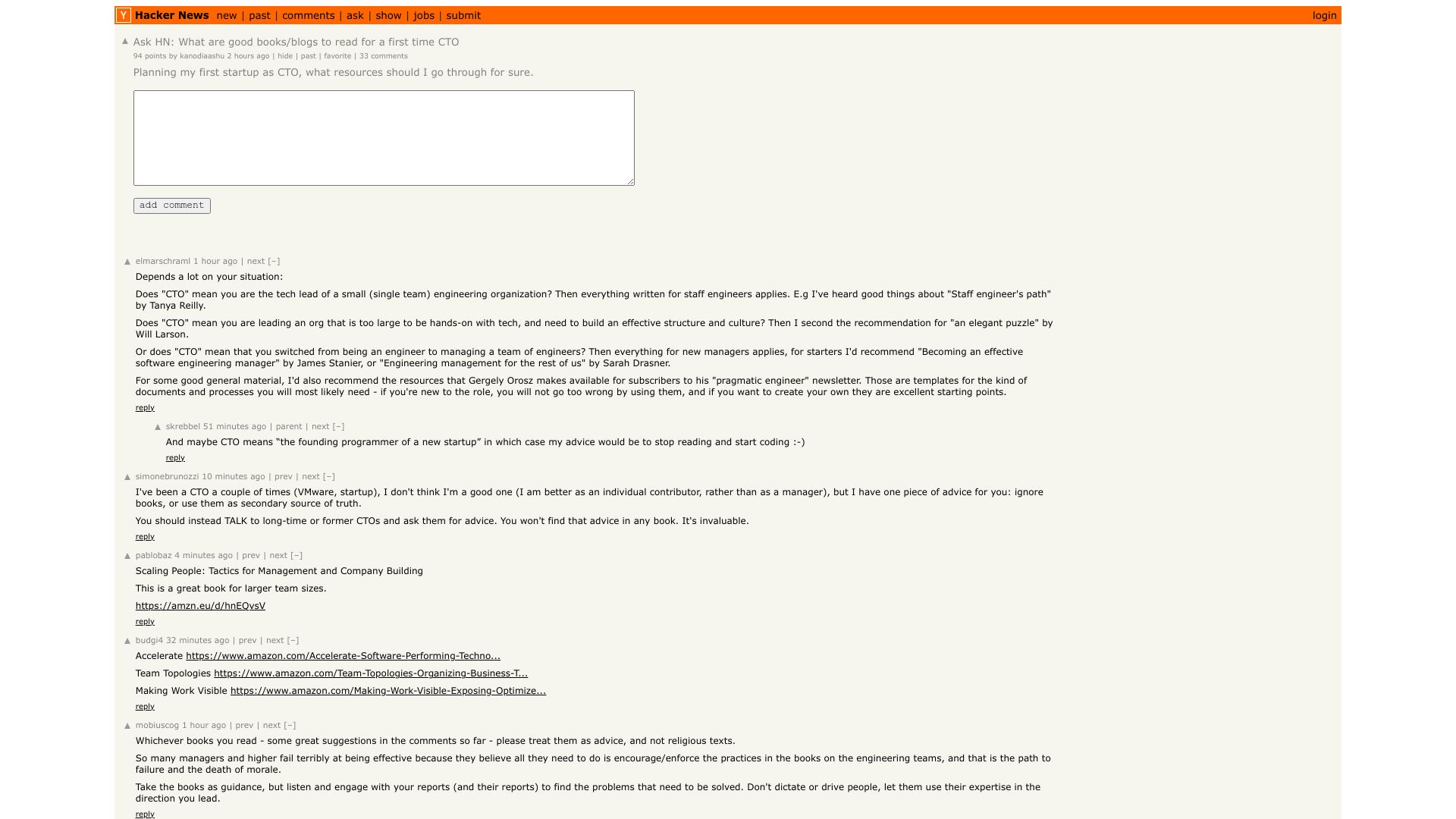 Screenshot of this Hacker News post: Ask HN: What are good books/blogs to read for a first time CTO?