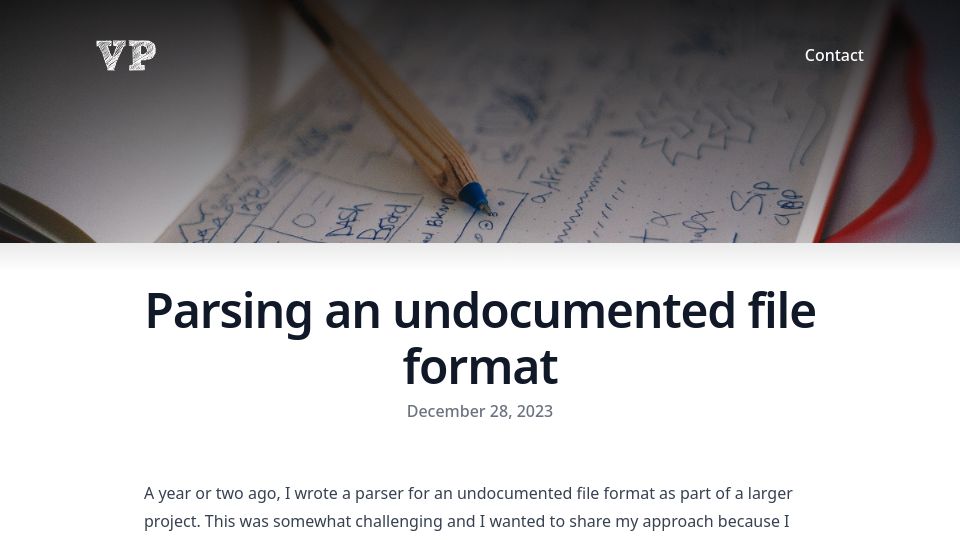 Screenshot of blog.vivekpanyam.com: Parsing an Undocumented File Format