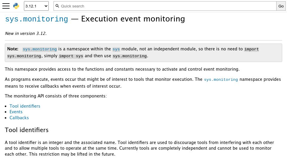 Screenshot of docs.python.org: Sys.monitoring: Python Execution event monitoring
