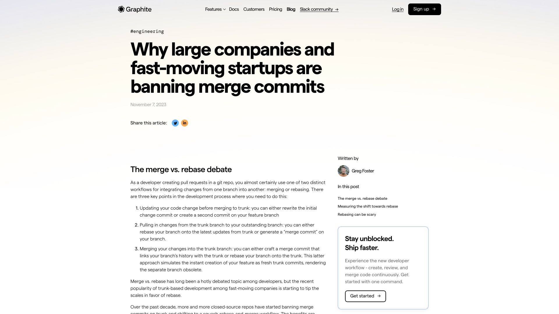 Screenshot of graphite.dev: Why large companies and fast-moving startups are banning merge commits