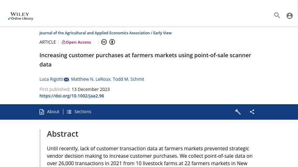 Screenshot of onlinelibrary.wiley.com: Increasing purchases at farmers markets using point‐of‐sale scanner data