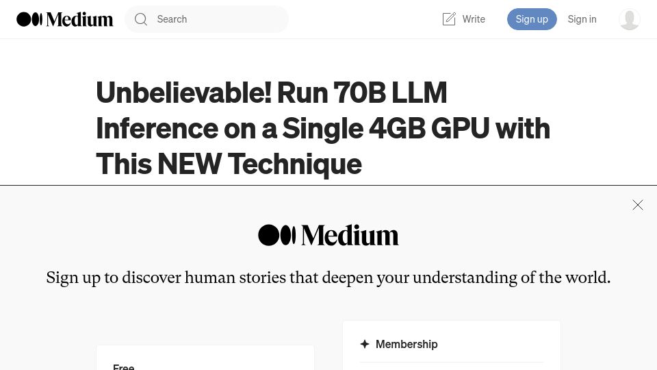 Screenshot of ai.gopubby.com: Run 70B LLM Inference on a Single 4GB GPU with This New Technique