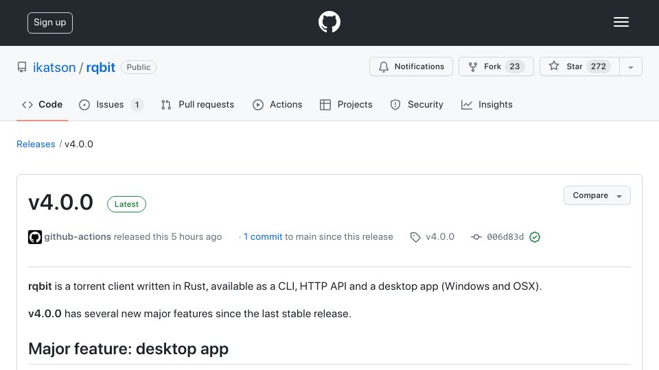 Screenshot of github.com: Show HN: Rqbit – bittorent CLI and desktop app written in Rust
