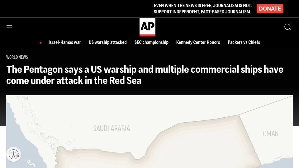 Screenshot of apnews.com: US warship and multiple commercial ships attacked in the Red Sea