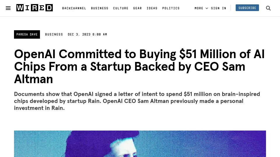 Screenshot of wired.com: OpenAI Committed to Buying $51M of AI Chips from a Startup Backed by Sam Altman
