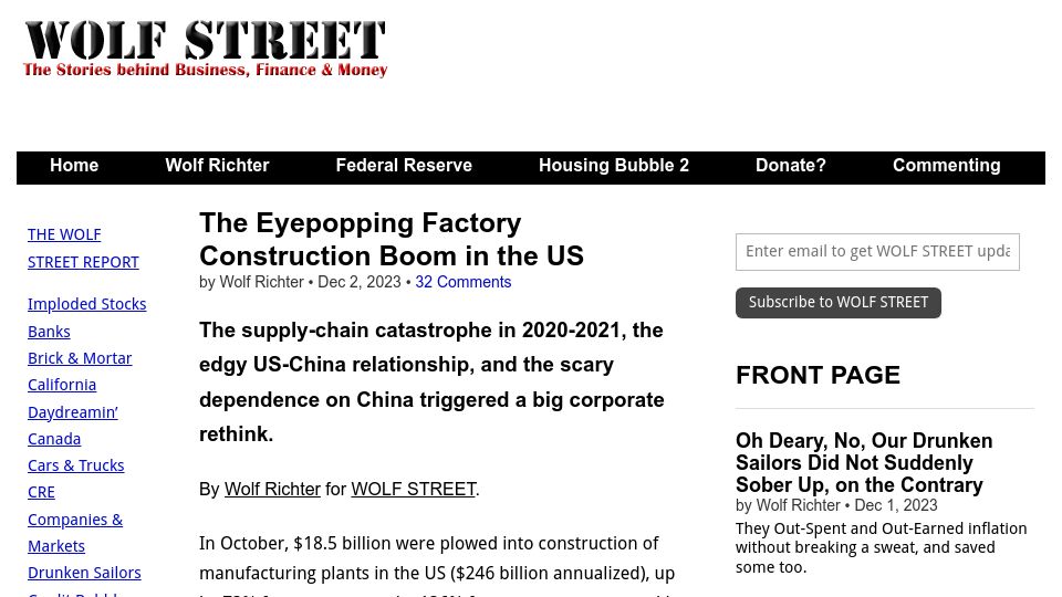 Screenshot of wolfstreet.com: Factory construction boom in the US