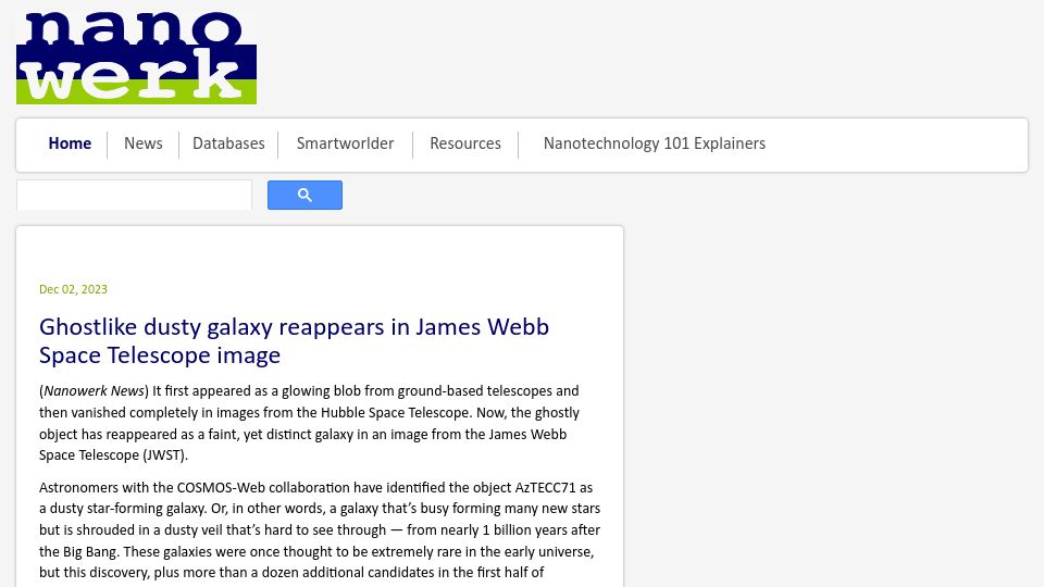 Screenshot of nanowerk.com: Ghostlike dusty galaxy reappears in James Webb Space Telescope image