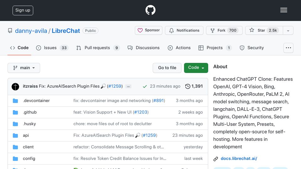Screenshot of github.com: LibreChat – Enhanced ChatGPT Clone