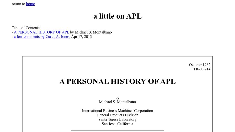 Screenshot of ed-thelen.org: A Personal History of APL (1982)