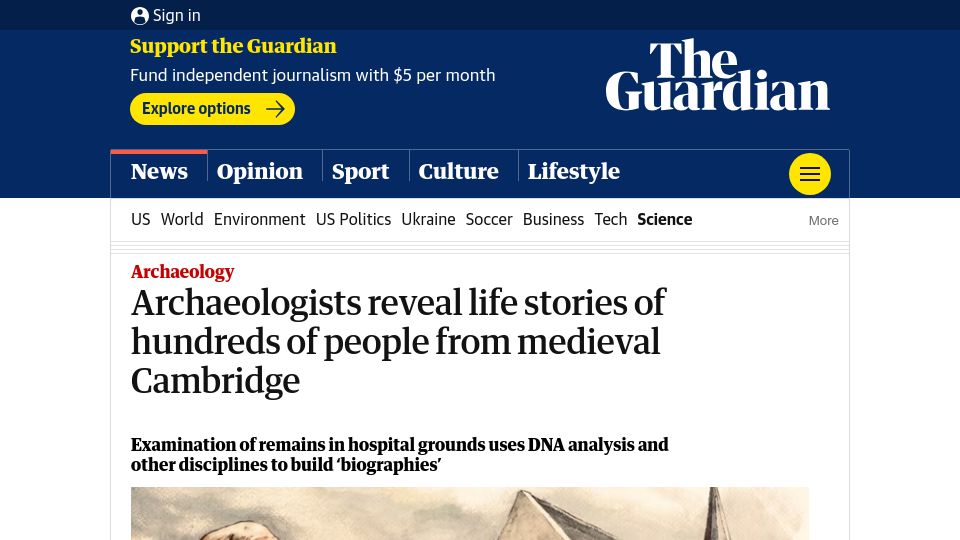 Screenshot of theguardian.com: Archaeologists reveal life stories of people from medieval Cambridge
