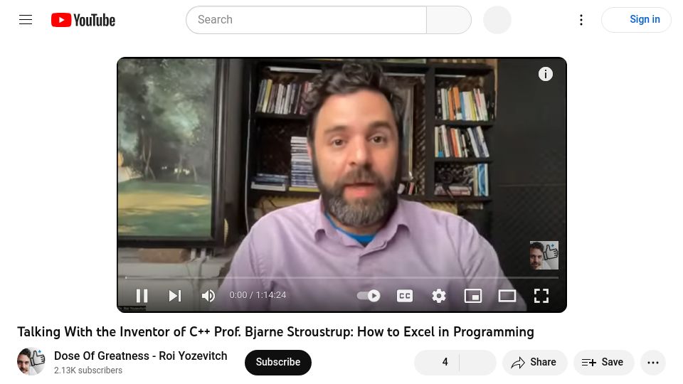 Screenshot of youtube.com: Talking with the inventor of C++ [video]