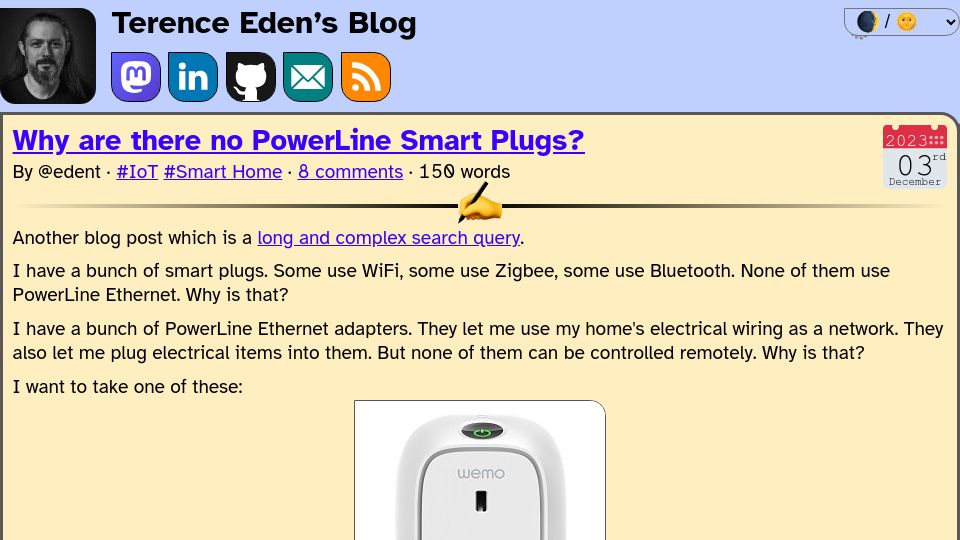 Screenshot of shkspr.mobi: Why are there no PowerLine Smart Plugs?