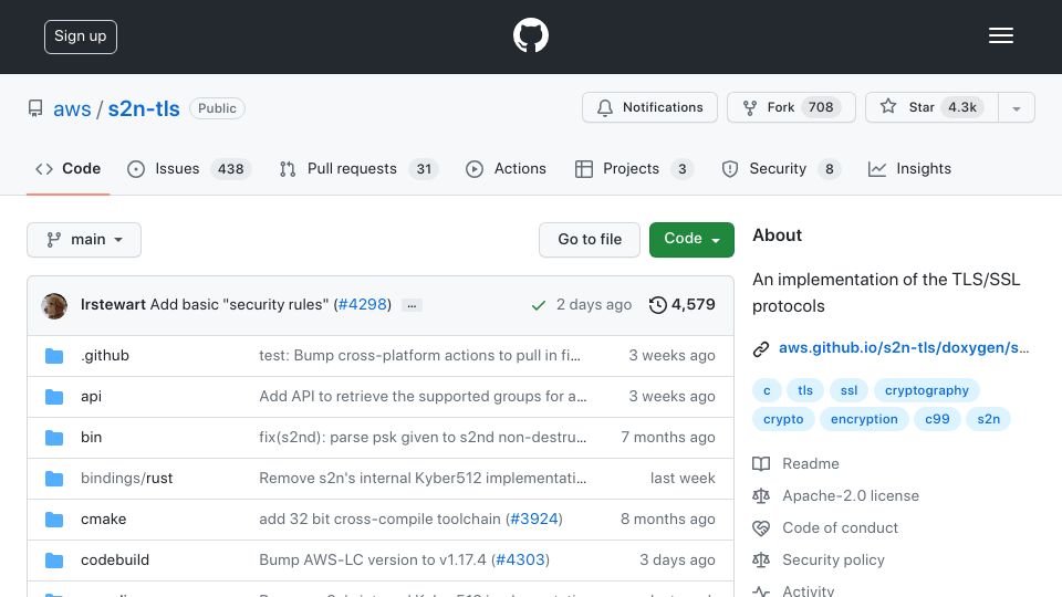 Screenshot of github.com: S2n-TLS – A C99 implementation of the TLS/SSL protocol