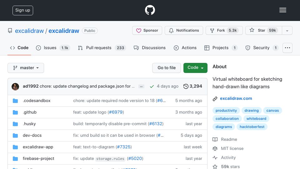 Screenshot of github.com: Open-source drawing tool – Excalidraw