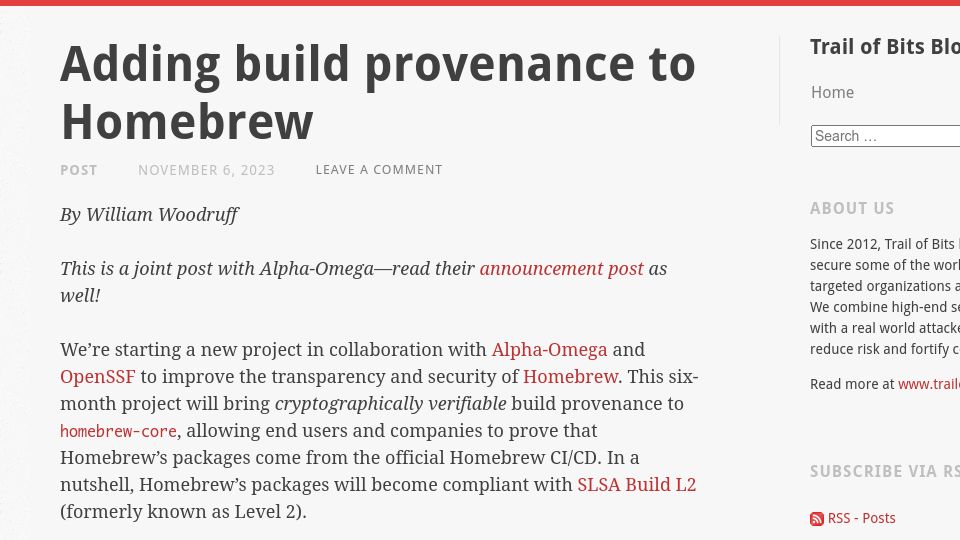 Screenshot of blog.trailofbits.com: Adding Build Provenance to Homebrew