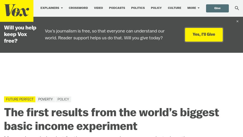 Screenshot of vox.com: The first results from the biggest basic income experiment
