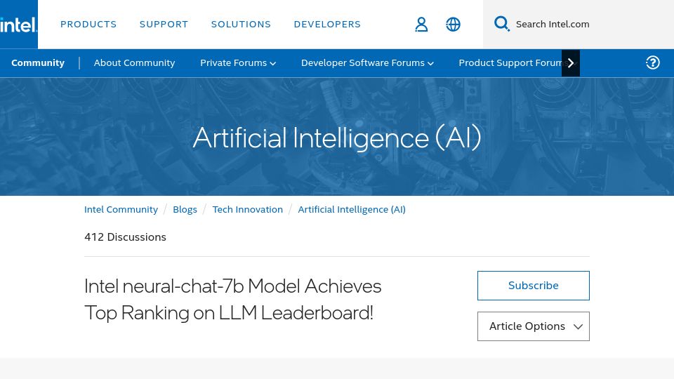 Screenshot of community.intel.com: Intel Neural-Chat-7B Model Achieves Top Ranking on LLM Leaderboard