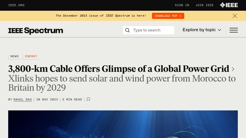 Screenshot of spectrum.ieee.org: 3,800-km cable offers glimpse of a global power grid