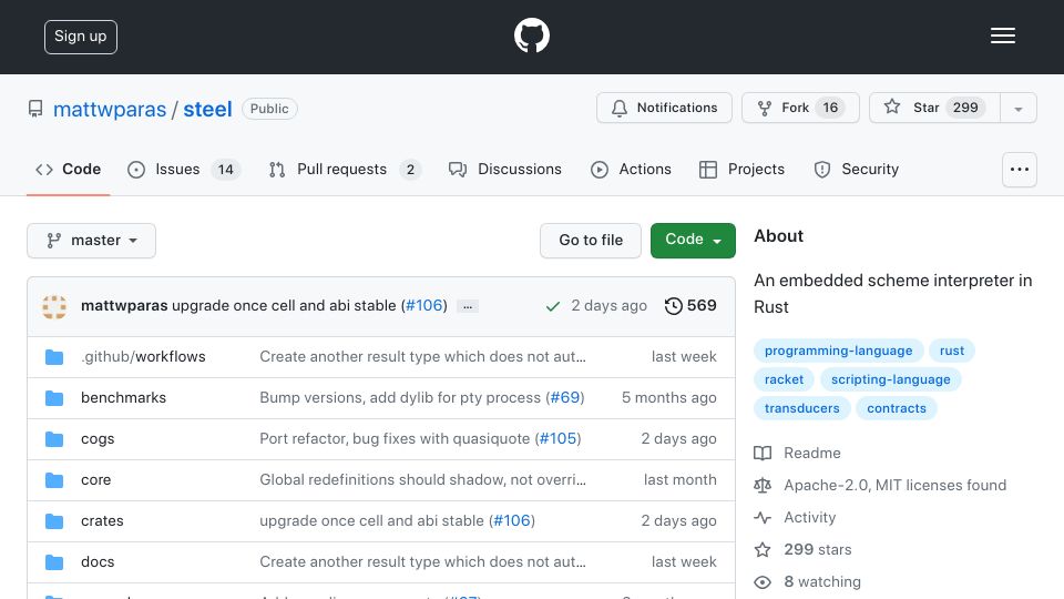 Screenshot of github.com: Steel – An embeddable and extensible Scheme dialect