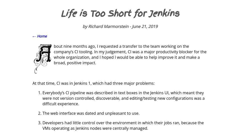 Screenshot of twitchard.github.io: The worst thing about Jenkins is that it works (2019)