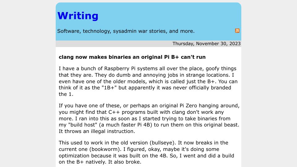 Screenshot of rachelbythebay.com: Clang now makes binaries an original Pi B+ can't run