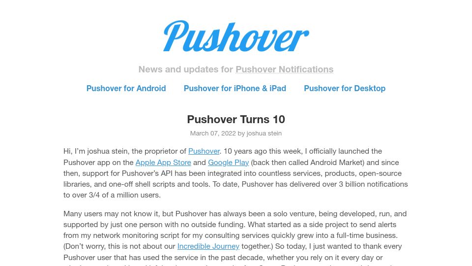 Screenshot of blog.pushover.net: Pushover Turns 10 (2022)