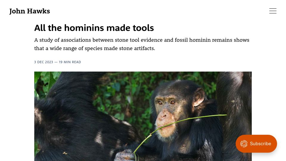 Screenshot of johnhawks.net: All the hominins made tools
